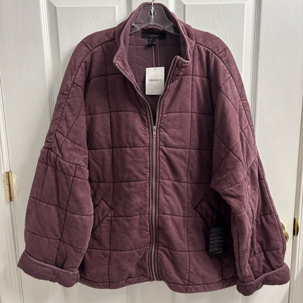 Forever21 Quilted Jacket XL Zip Up Wine Maroon Oversized NWT
